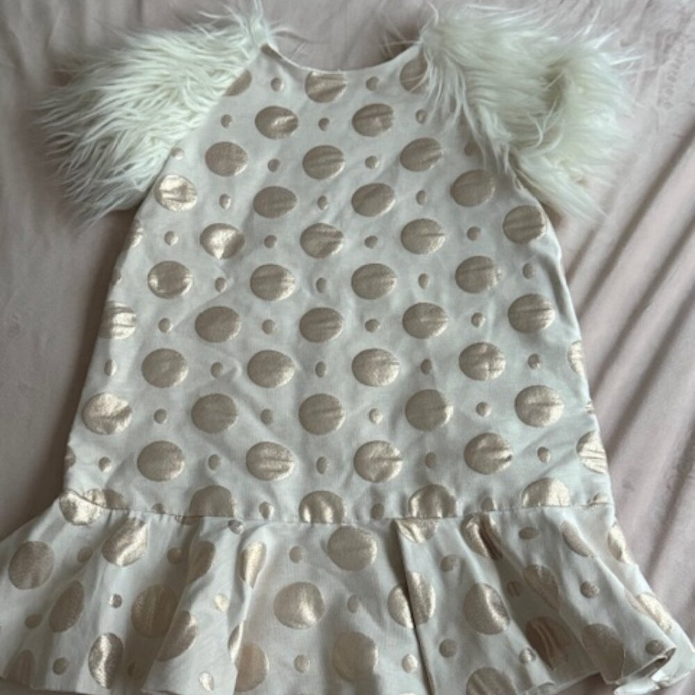 Haddad Luxury Girls Gold Polka Dot & Faux Fur Dress